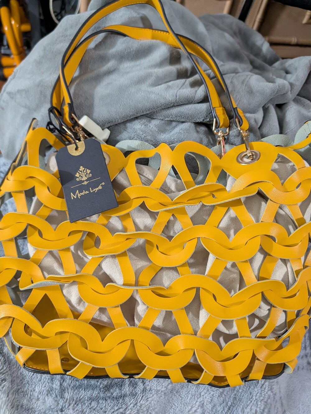 NWT Moda Luxe Paige Tote Bag Yellow Interlocking Cutout Weave with Canvas Insert